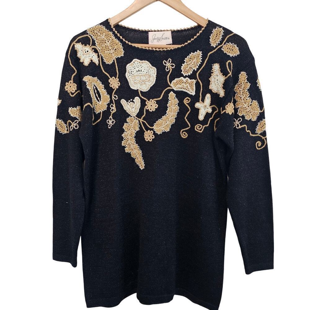 Vintage Floral Sweater Womens Lg Black Gold Glam Rock Knit Embellished Holiday